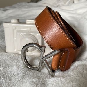 Calvin Klein CK Logo Plaque Stitched Belt